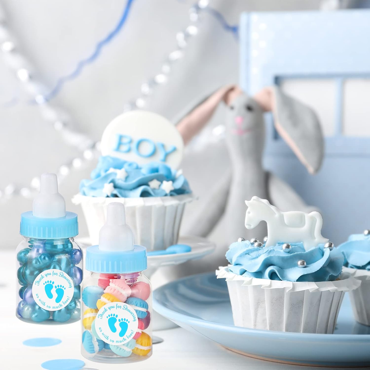 Tondiamo 48 Pcs Blue Baby Shower Mini Bottle Favors 1.5 x 3.5 Inch Baby Shower Candy Jar Mini Milk Bottle Party Favor Fillable Gift Boxes for Boys Girls Birthday Party Games Decorations