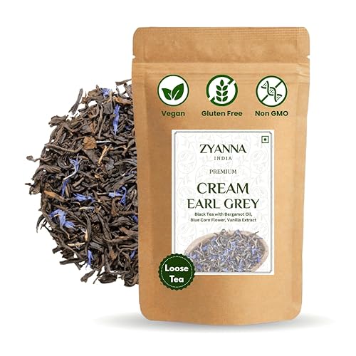 Zyanna Cream Earl Grey Black Tea  Té negro prémium (bolsa de 3.53 onzas  50 tazas) Aceite de bergamota cítrica, sabor a vainilla, cafeína natural,