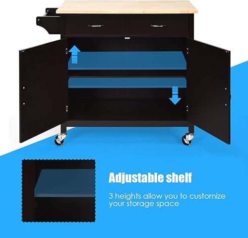Miniatura 5 de Giantex Isla de cocina, carrito de cocina rodante, encimera de madera, carrito de servicio utilitario con armario de almacenamiento y 2 toalleros