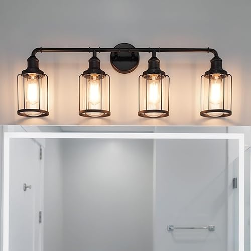 Urban Ambiance Lámpara de tocador de baño industrial elegante de lujo, tamaño grande: 12 pulgadas de alto x 33.5 pulgadas de ancho, con elementos de