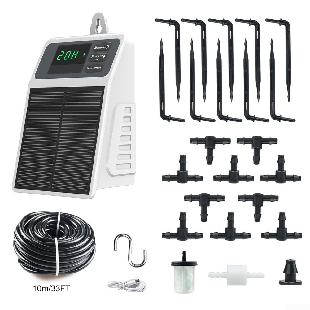 Sistema di irrigazione a goccia solare, kit di irrigazione automatico con tubo da 10 m e batteria da 2200 mAh, irrigatore da giardino impermeabile IPX5 per la cura delle piante all'aperto