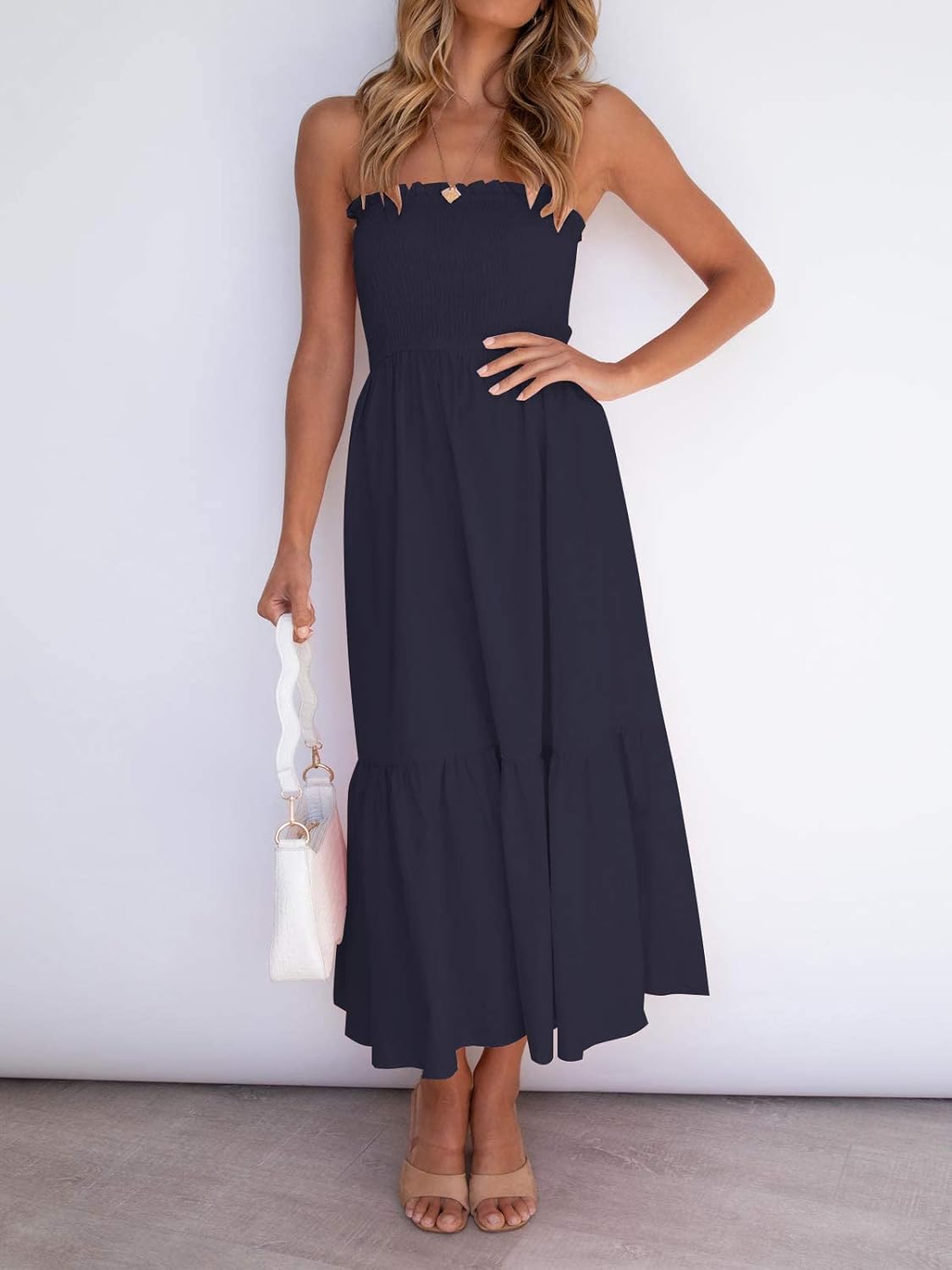 ZESICA Women's Summer Boho Strapless Maxi Dress 2026 Casual Off Shoulder Smocked Flowy A Line Beach Holiday Long Dresses - Image 3