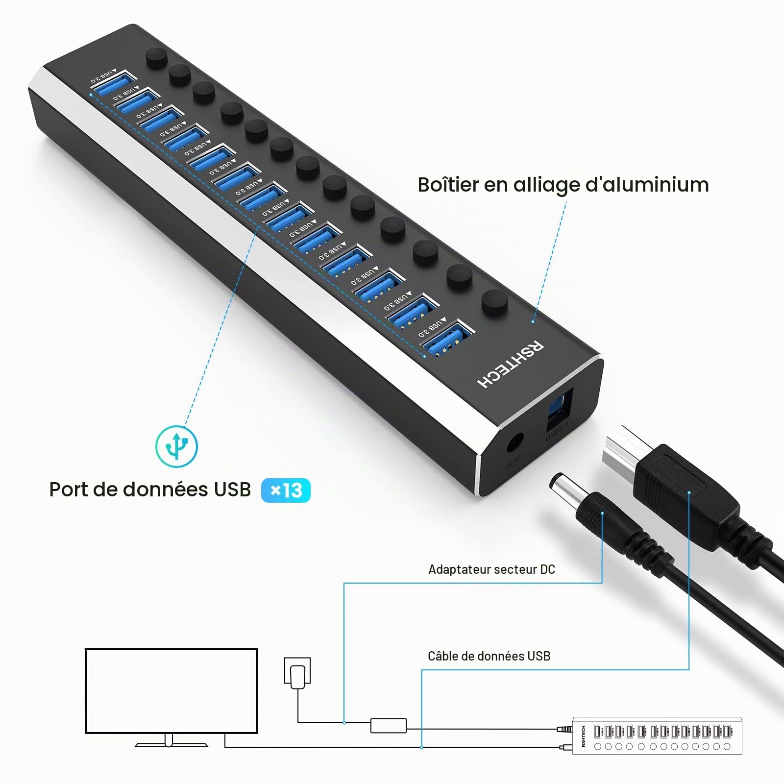 RSHTECH Hub USB Alimenté à 13 Ports, Aluminium Hub USB 3.0, RSH-A13-5
