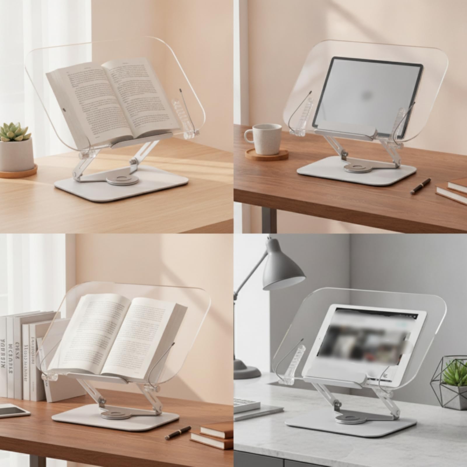 Milageto Atril de Lectura Acrílico Soporte para Libros Portadocumentos Portátil Base Estable con Pinzas Ajustable para Ángulo, Soporte De Lectura De Acrílico Básico