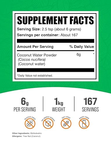Miniatura 2 de BulkSupplements. com - Polvo de agua de coco  Suplemento de electrolitos, saborizante y potenciador de agua, sin azúcar añadido y sin gluten, 0.21