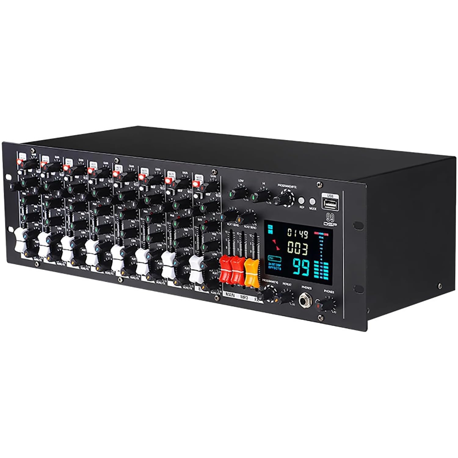 Mezclador estéreo de 9 canales con pantalla digital, procesador de efectos digitales de 24 bits, 99 efectos, alimentación fantasma de 48 V para transmisión