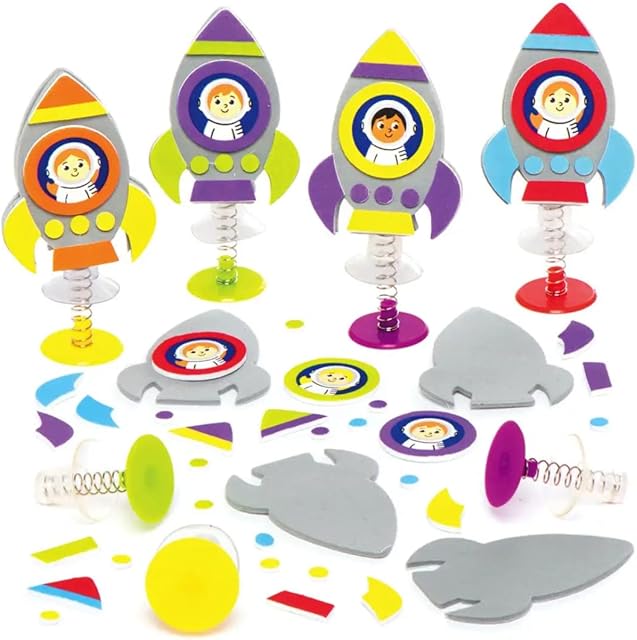 Baker Ross AX181 Space Rocket Jumping Toys - Pack of 8, Small Popping Toy Craft with Fun Spacemen Characters, Foam Sticker Art Toy