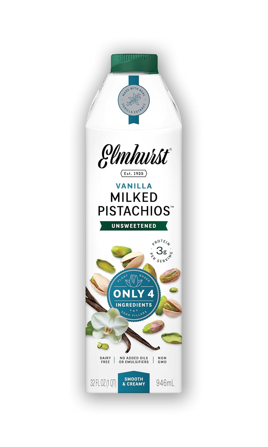 Elmhurst 1925 Vanilla Pistachio Milk Unsweetened - 32 Ounce (Pack of 6) Dairy-Free, Vegan, Kosher, Shelf Stable Milk Made w/Vanilla, Water & Pistachio for Healthier, Simpler Plant-Based Alternatives