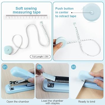 OFFCUP Desk Accessories Set, Office Supplies Kit, Includes Stapler, Tape Dispenser, Staple Remover, Staples, Clips, Scissor, Box Cutter, Tape Measure and Sticky Notes Students, Coworkers (Blue)
