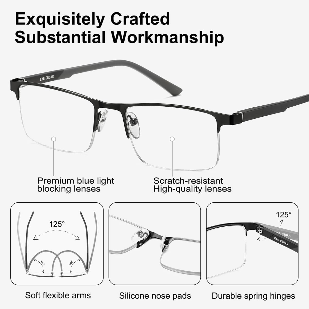 EYECEDAR 5 Pack Premium Blue Light Blocking Reading Glasses Men Metal Half Frame Spring Hinges Computer Readers for Men and Women 1.5 - Image 3