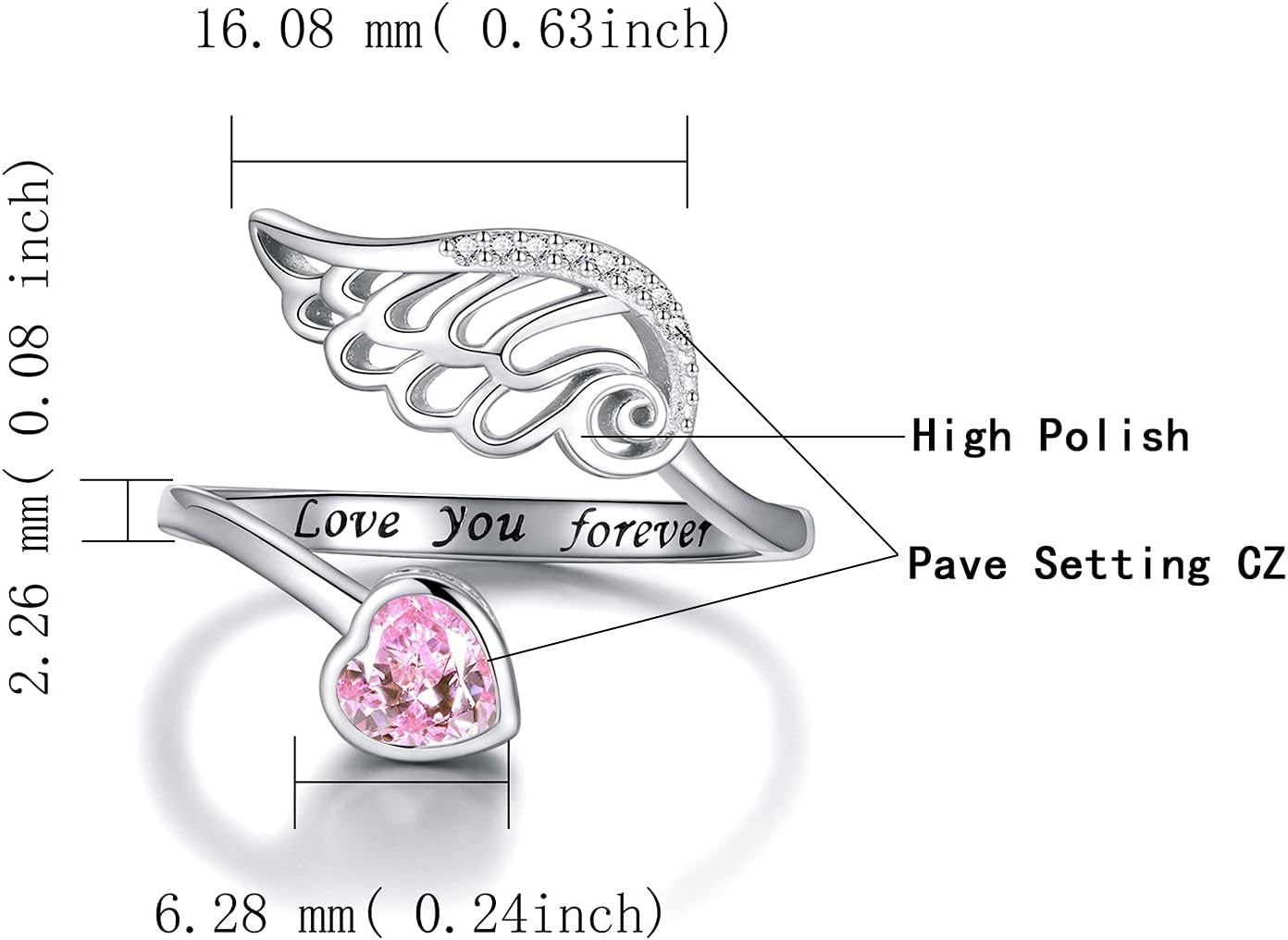 Birthstone Wing Rings Sterling Silver Adjustable Feather Heart Month Stone Wrap Ring Jewelry Gift for Women Engrave Love you forever