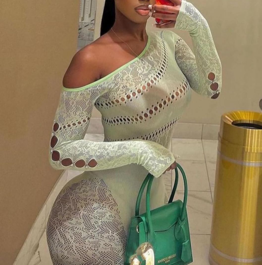 Women's Sexy See Through Mesh Jumpsuit Club Rhinestone Fishnet Low Top Long Sleeve Bodysuit Stockings Shapewear