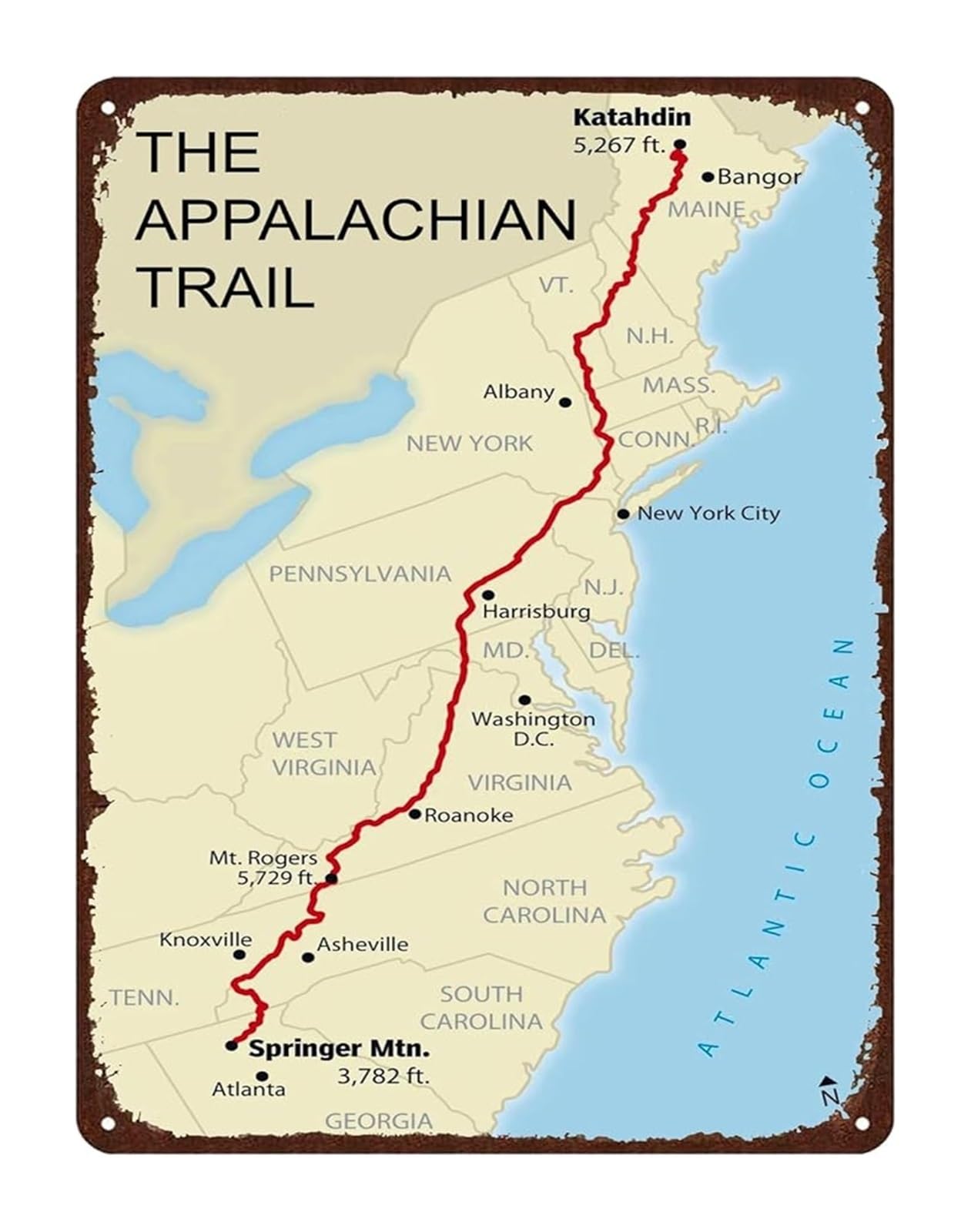 AUOQKQUT Vintage Appalachian Trail Map Metal Sign Hiking Adventure Retro Tin Wall-Art for Home Bar Man Cave Outdoor Enthusiast Cabin Decor 8 X 12 inch