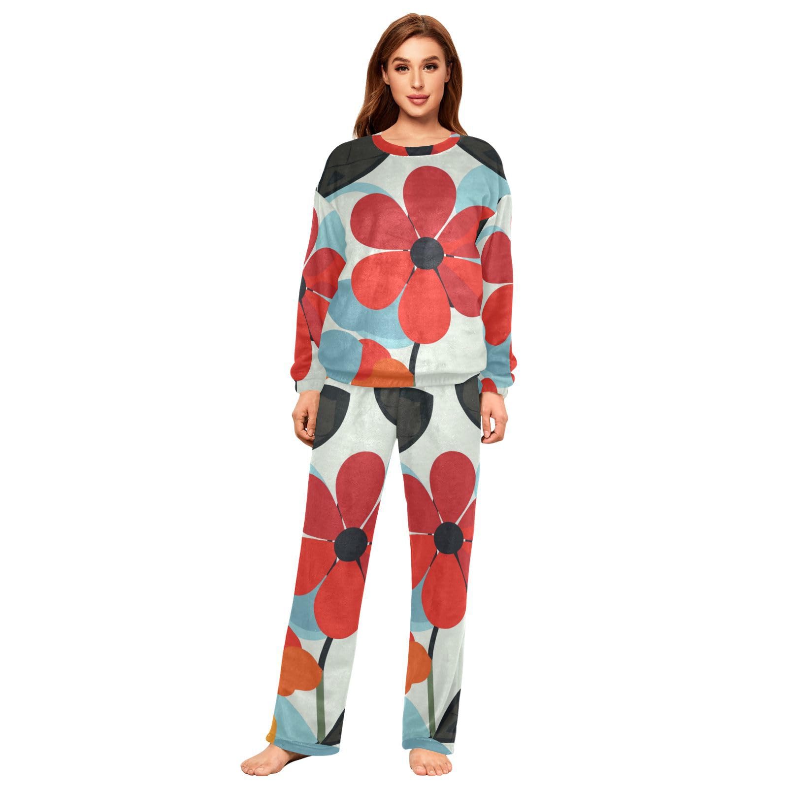 Retro Fiori Arancione Classico Donne Due Pezzi Pigiami Pile Girocollo Manica Lunga Pigiama Set
