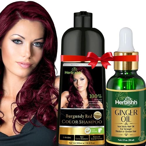 Herbishh Combo de fortalecimiento del cabello que contiene champú de color para el cabello, tinte para el cabello, 16.9 fl oz borgoña + aceite de