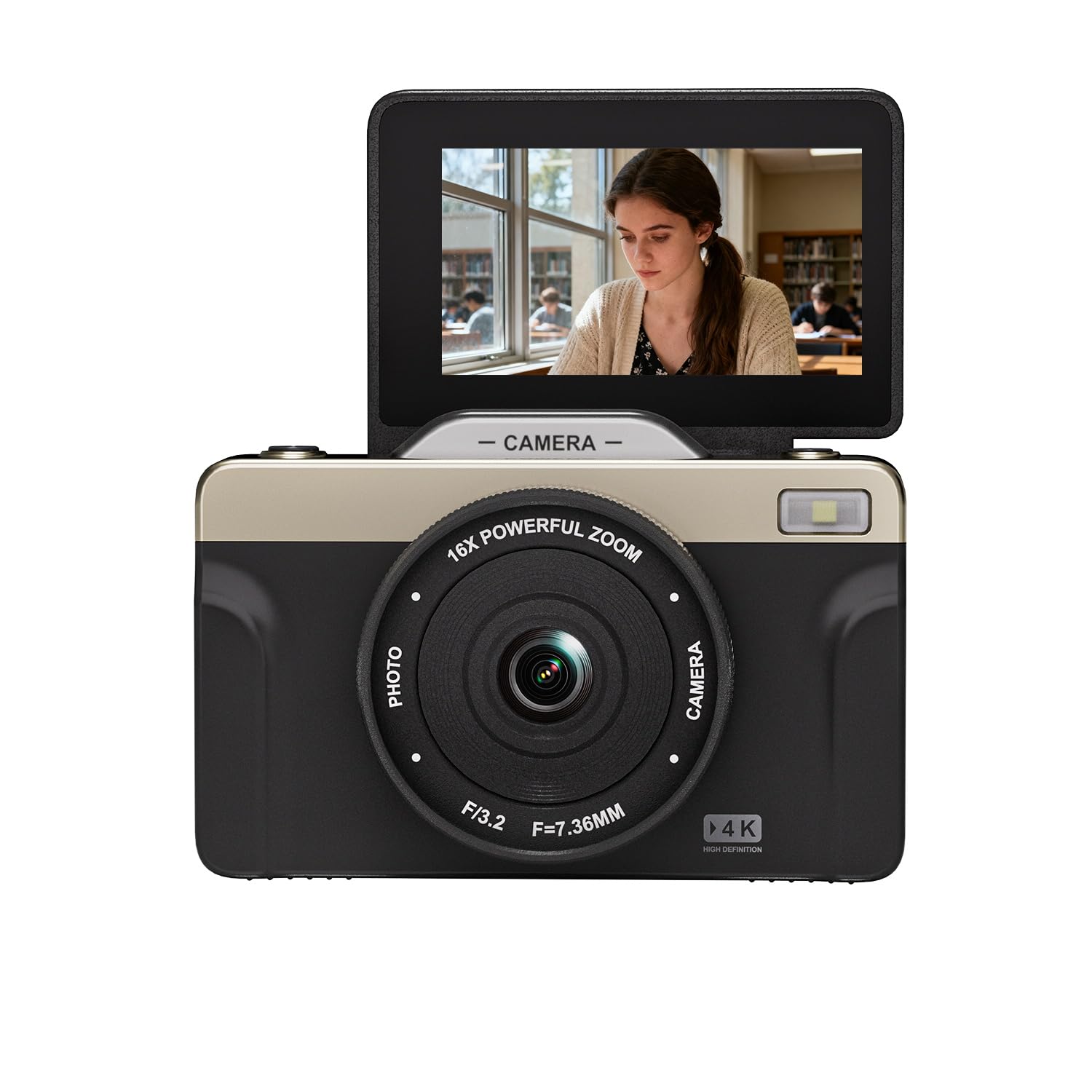 Fotocamera digitale 4K con zoom 16X Anti Shake, 3" LCD 180° Flip Screen Compact Vlogging Camera con 32G SD-Card, Nero