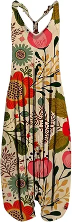 OIOLOYJM Summer Plus Size Boho Overalls for Women 2025 Fashion Jumpsuits Loose Fit Rompers Floral Printed Baggy Harem Pants
