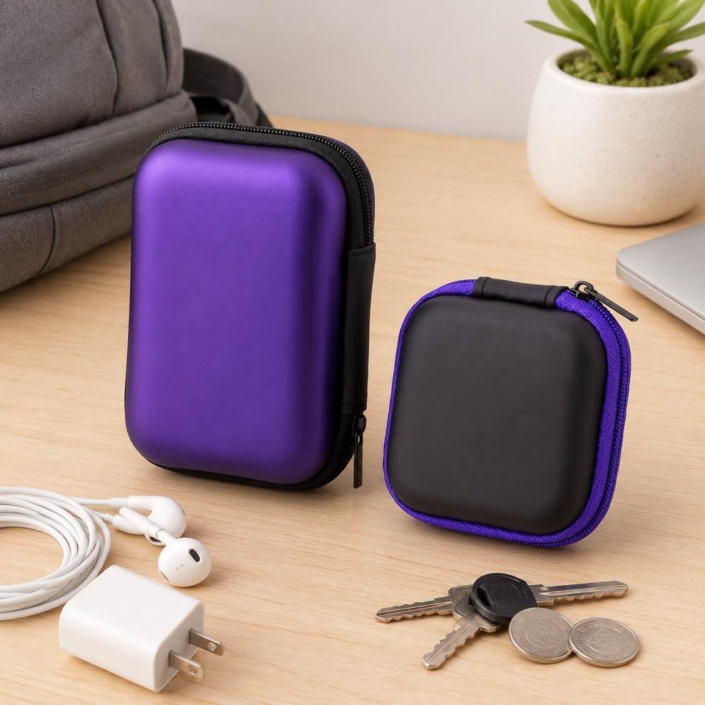 2Pcs Multi Color EVA Hard Storage Case Portable Zipper Accessory Organizer for Earphones Chargers Cables Travel, purple