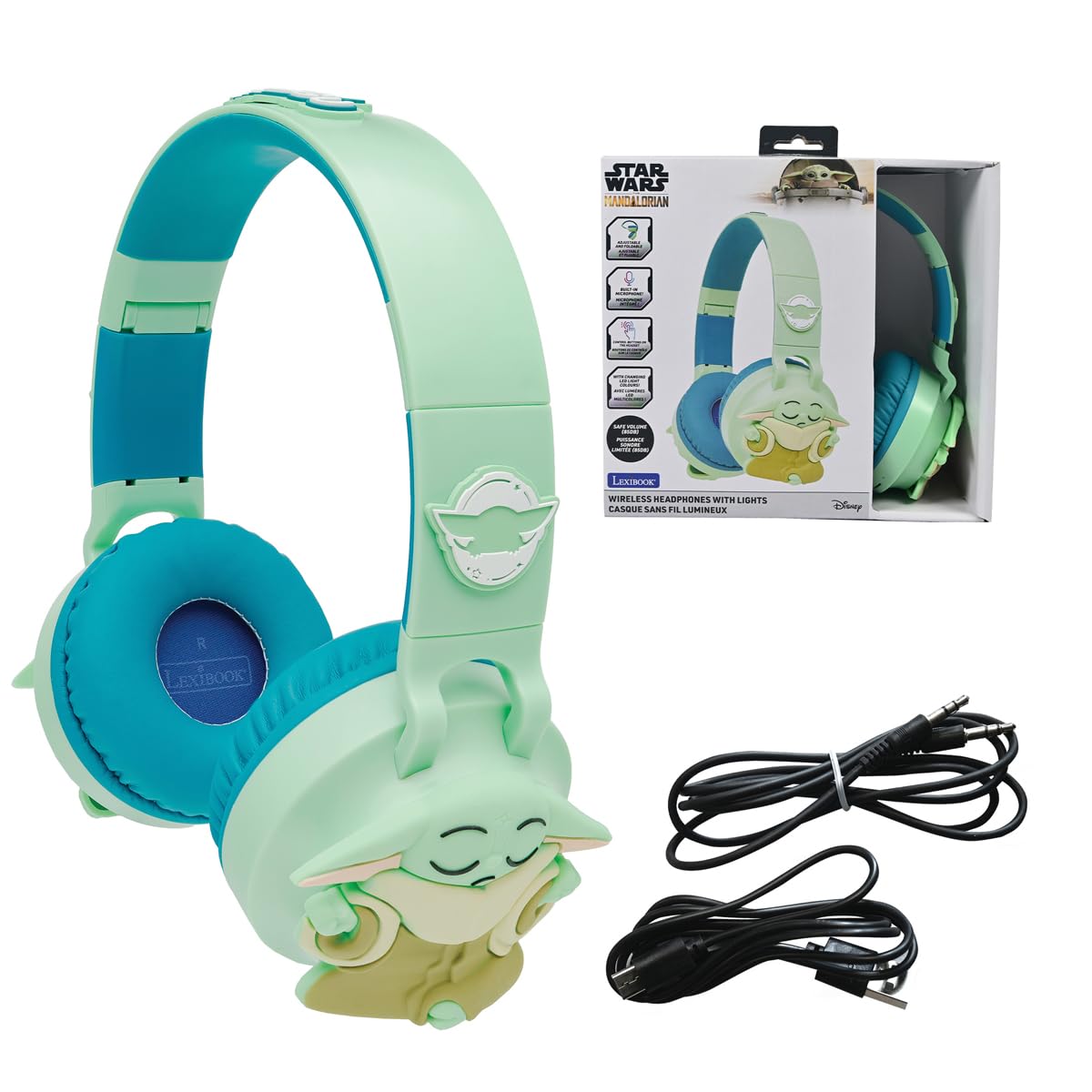 Lexibook, Star Wars, Cuffie Bluetooth Grogu con luci, Verde, HPBT015SWLXB | Uso Bluetooth o cavo, volume sicuro 85 dB, controlli su microfono, design pieghevole con slot SD, regolabile e portatile