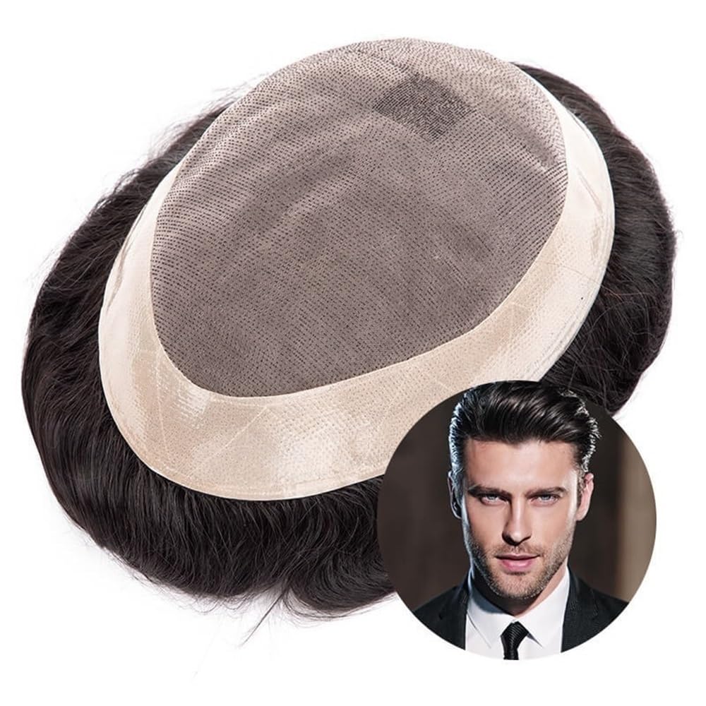 Men's Toupee Protesi for capelli maschili, parrucca maschile, pizzo mono con PU intorno ai capelli maschili, capelli umani(7x10)
