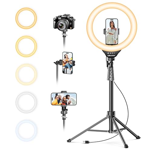 UBeesize 12'' Selfie Ring Light with 62ββ Tripod Stand for Video Recording, Live Streaming(YouTube, Instagram, TIK Tok), Compatible with Phones, Cameras and Webcams - White,Warm,Daylight - Black