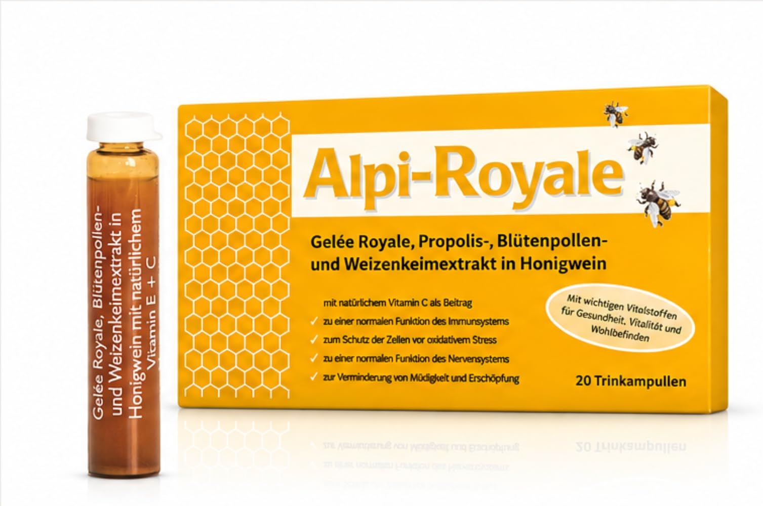 HOYER Alpi Royale Trinkampullen BIO – Gelée Royale 400 mg, Blütenpollen, Propolis & Weizenkeimextrakt – Mit natürlichem Vitamin C & E – Für Energie, Vitalität & Immunsystem – 20 x 10 ml
