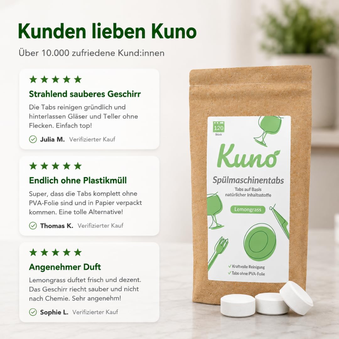 Kuno Tabletki do zmywarki Lemongrass – 120 szt. | Naturalne składniki | Bez folii PVA | Silne działanie czyszczące | Ekologiczne tabletki do zmywarki