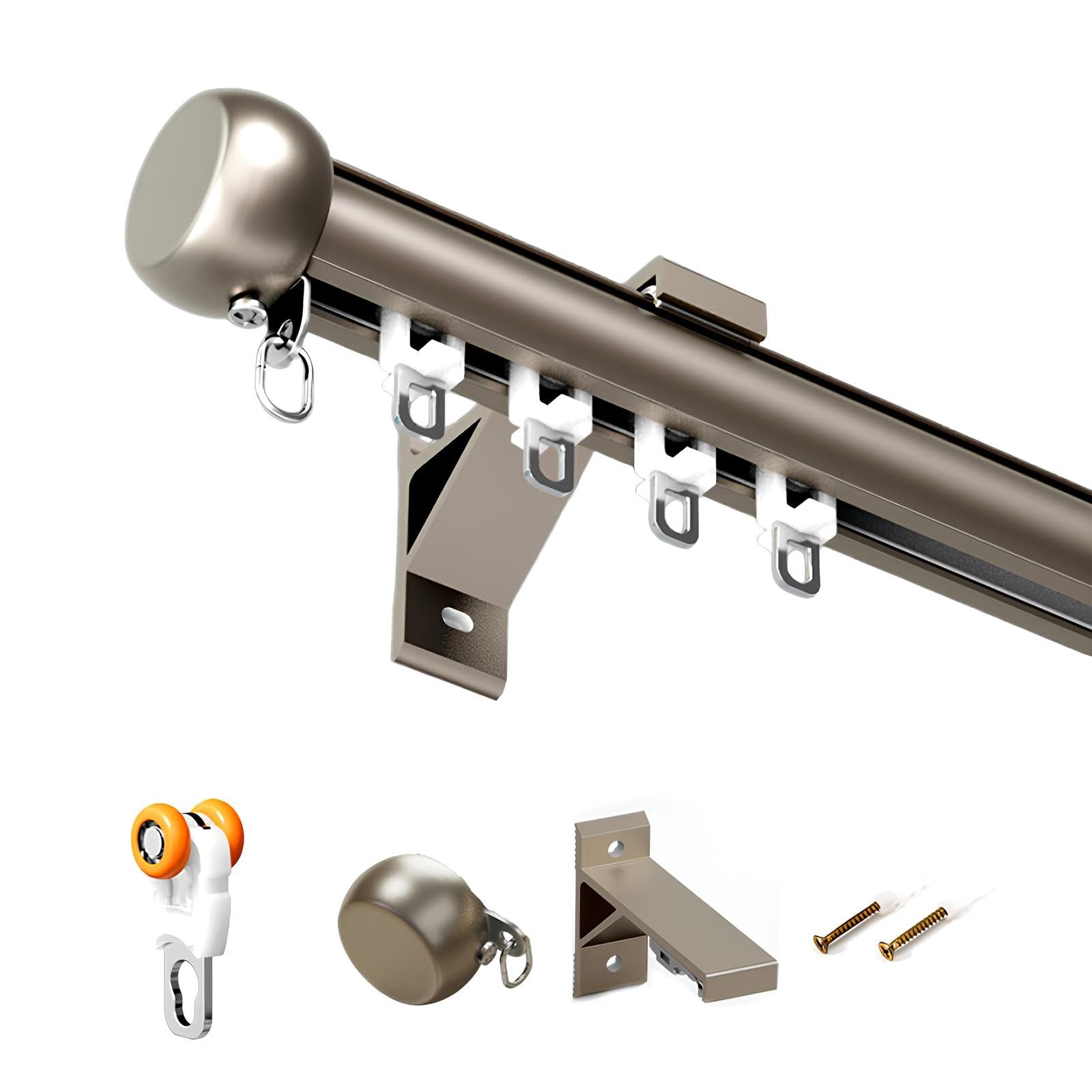 Xuqqu Champagne Heavy Duty Aluminum Curtain Track System, Wall Mounted Spliced Curtain Rods For Windows, Single Curtain Rail Pole With Silent Gliding Wheels & Decorative End Caps(,140Cm/4.59Ft)