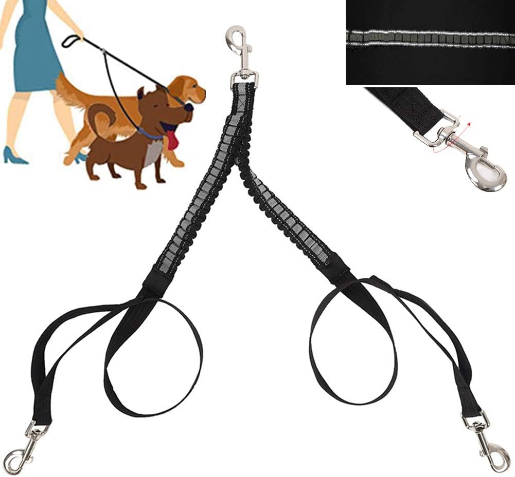 Dual Dog Leash,Dog Lead Splitter No-Tangle with Shock Absorbing Bungee,Double Dog Walking Training Leash, Reflective Adjustable Dog Leash Coupler for (2) Two Large, Medium, Small Dog