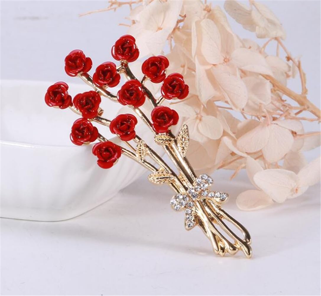 Elegant Rose Bouquet Brooch With Red Rhinestone Flowers - Image 4