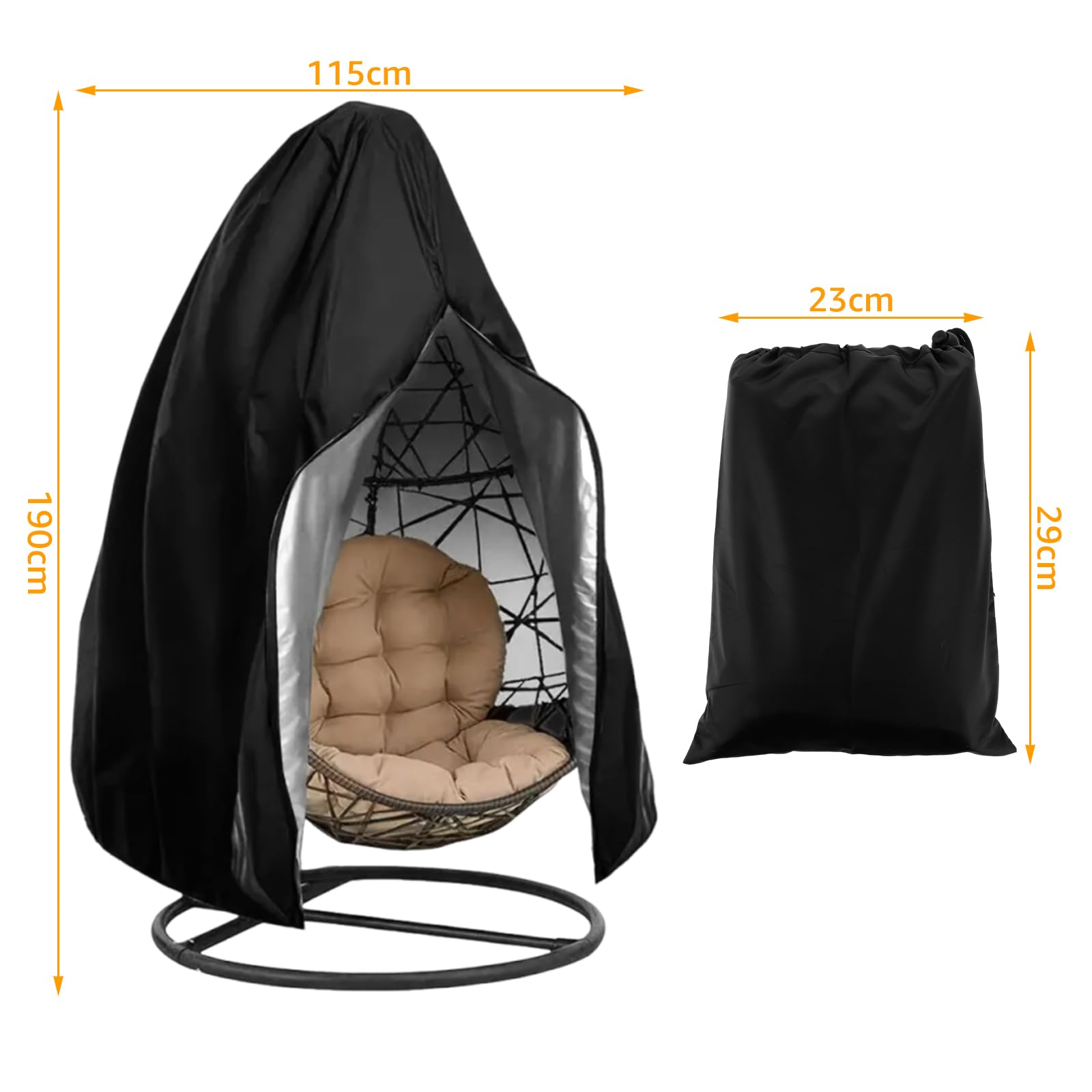 Hängesessel Abdeckung groß 190 x 115 cm, 210D Oxford Gewebe Wasserdicht Hängesessel Schutzhülle, Schwingsessel Schutzhülle Abdeckhauben, Abdeckplane mit Reißverschluss Kordelzug, Schwarz