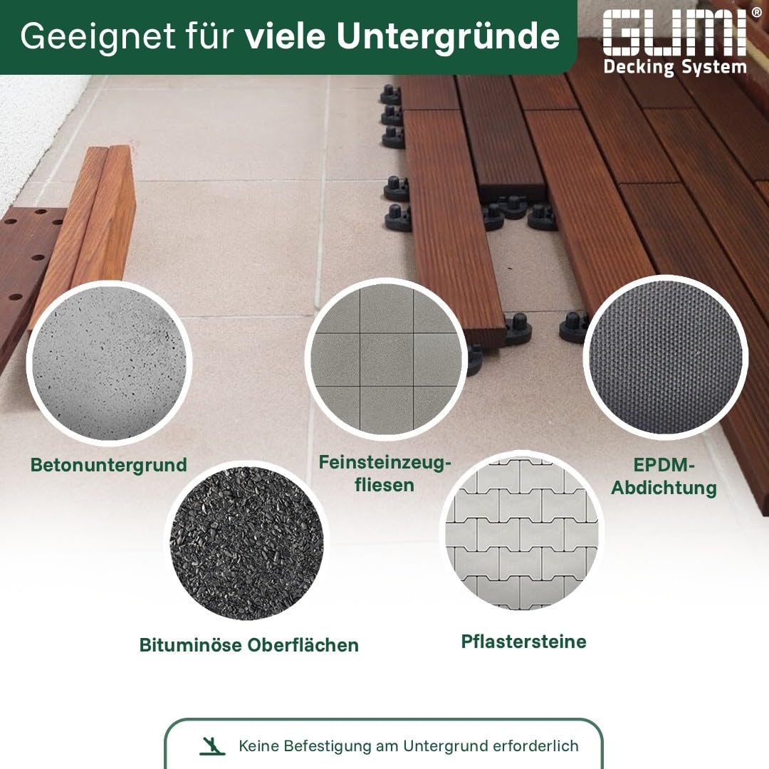 GUMI Dalles de Terrasse Dalles de Balcon Lames Clipsables en Bois Thermofrêne 1 m² – Système Modulaire pour Balcon et Terrasse | Montage sans Outils | Motif Brique | Bois Naturel