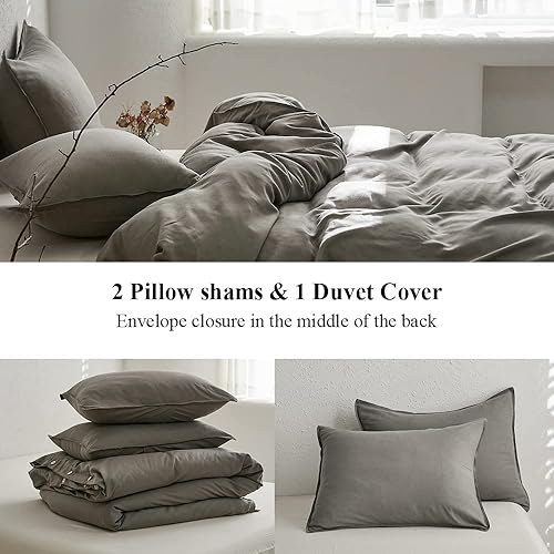 Miniatura 7 de BISELINA Juego de funda de edredón de 3 piezas, 20% lino natural, 80% mezcla de Tencel, color sólido, suave, fresco, ligero, ropa de cama de lujo,
