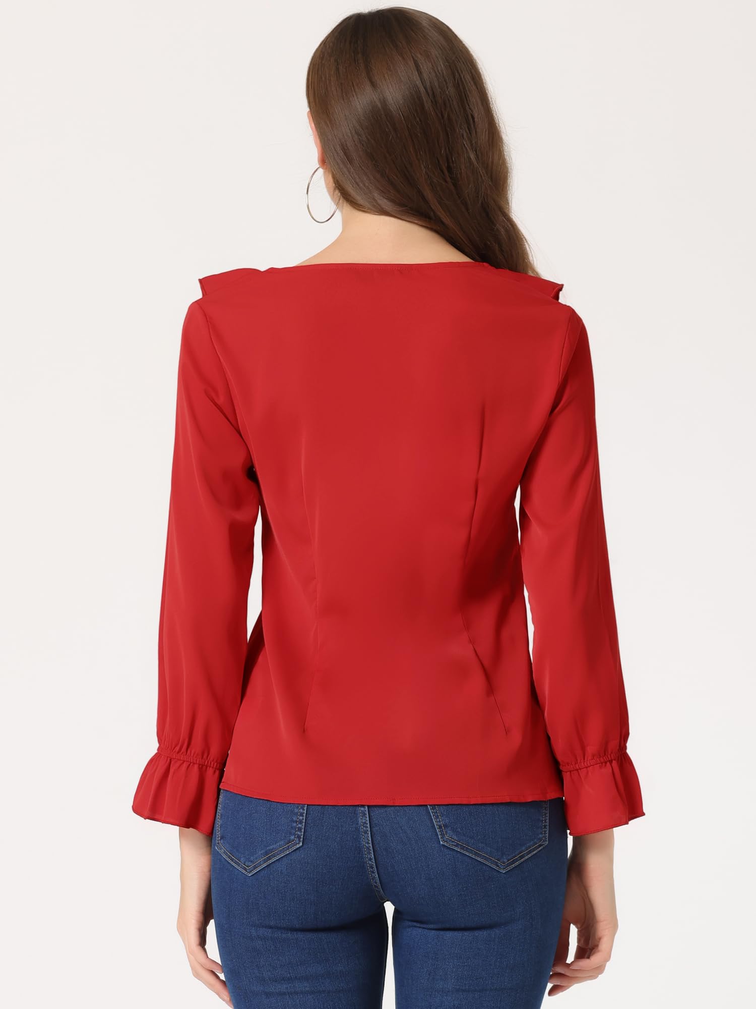 Allegra K Blouse à volants pour femme, élégante avec col en V et manches longues, idéale pour le travail ou les occasions décontractées ou habillées, Rouge, Taille XL
