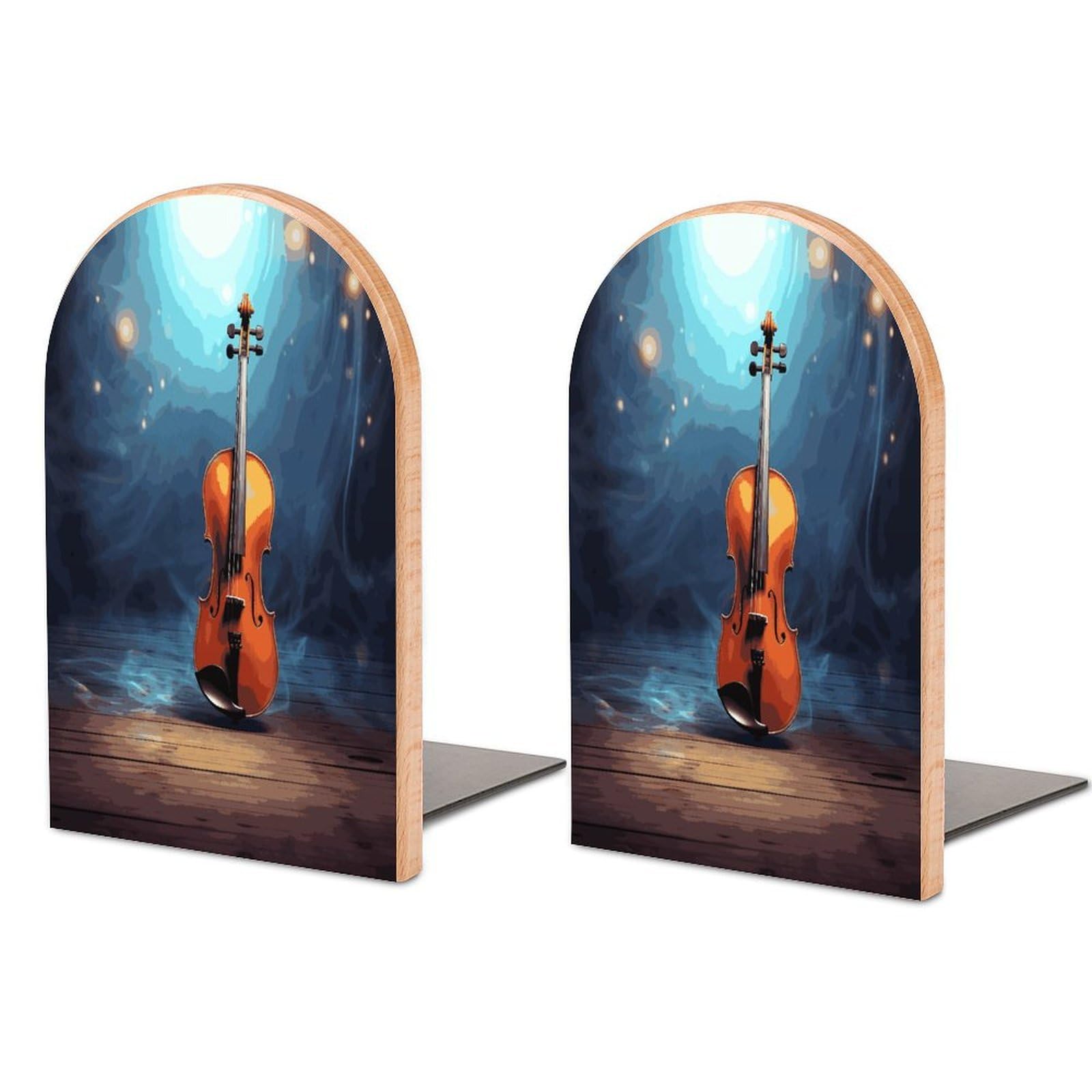Violin Poster Bookend for Shelves Non-Skid Book Holder Modern Heavy Duty Bookend Stopper Metal Base Wood Book End Books Shelf Holder Home Decorative 1pair 5x3.9x3.1