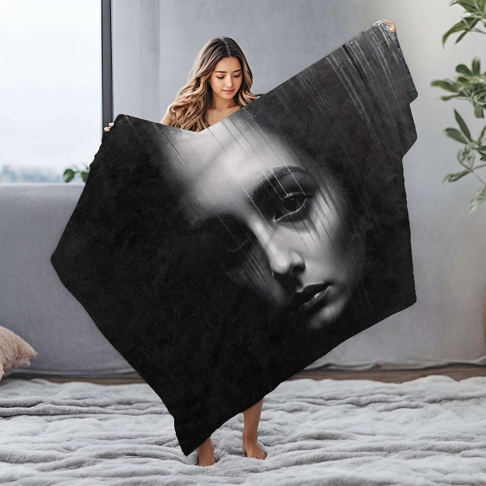 Couverture en flanelle blanche portrait noir et blanc plaid lit 125x150