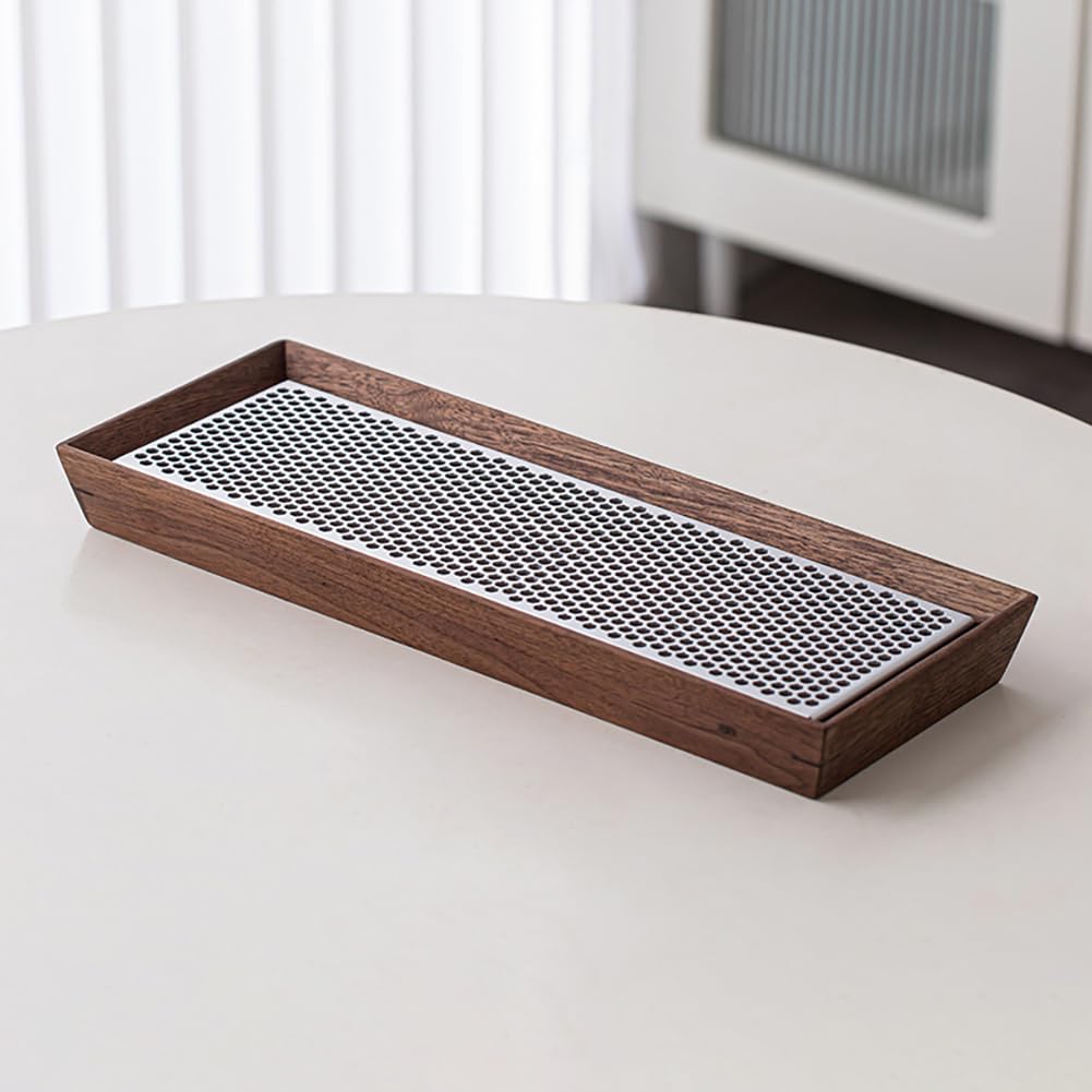 PA-DABAOO Japanese Tea Serving Tray, Walnut And Alloy Kung Fu Tray,Cut-Out Panel & Detachable Design,Single-Person Home Tea Trays with Water Reservoir,Dry/Wet-Brew Method,Rectangular