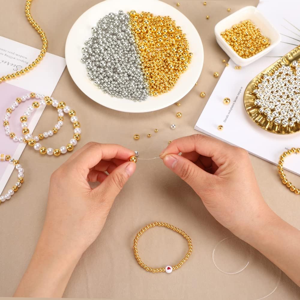 1200Pcs Smooth Round Beads Gold Spacer Loose Ball Beads for Bracelet Making Craft (4mm,6mm,8mm, Silver & Gold) - Image 3
