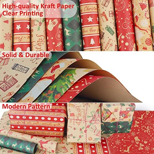 Christmas Wrapping Paper for Kids 10 Sheets, Recyclable Xmas Wrapping Paper & Tags Christmas Paper Kraft Christmas Gift Wrap Set, 14 Tags, 2 Rolls of Christmas String Twine, 70x50cm