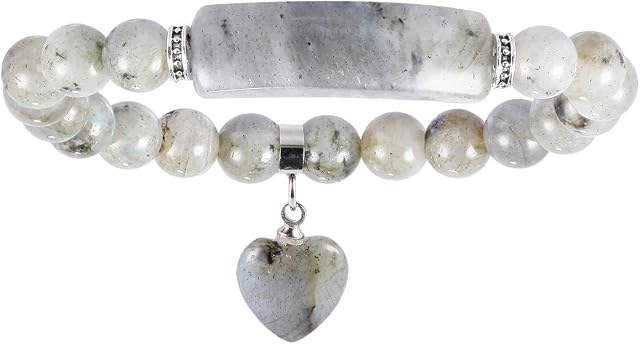 Nupuyai Healing Crystal Stone Bracelet for Women, Lucky Heart Charm 8mm Beads Stretch Bracelet
