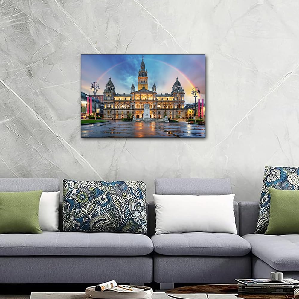 Rainbow Pictures for Bedroom Glasgow City Chambers Wall Art for Living Room 1 Panel George Square Scotland Artwork Home Decor Contemporary Wooden Framed Gallery-wrapped Ready to Hang (16''Wx 24''H) - Image 2