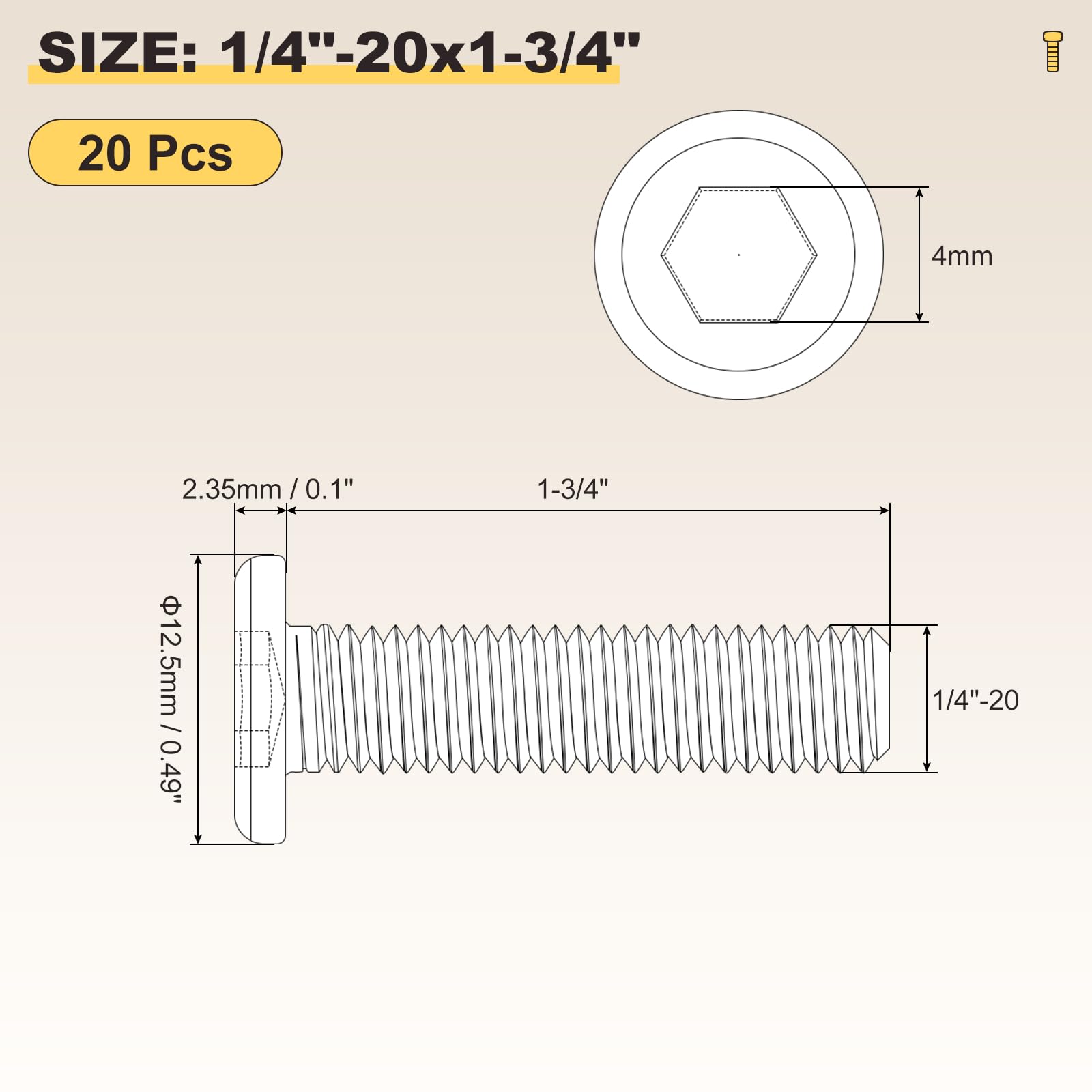 METALLIXITY Flat Head Hex Socket Cap Screws Bolts(1/4"-20x1-3/4") 20Pcs - Image 2