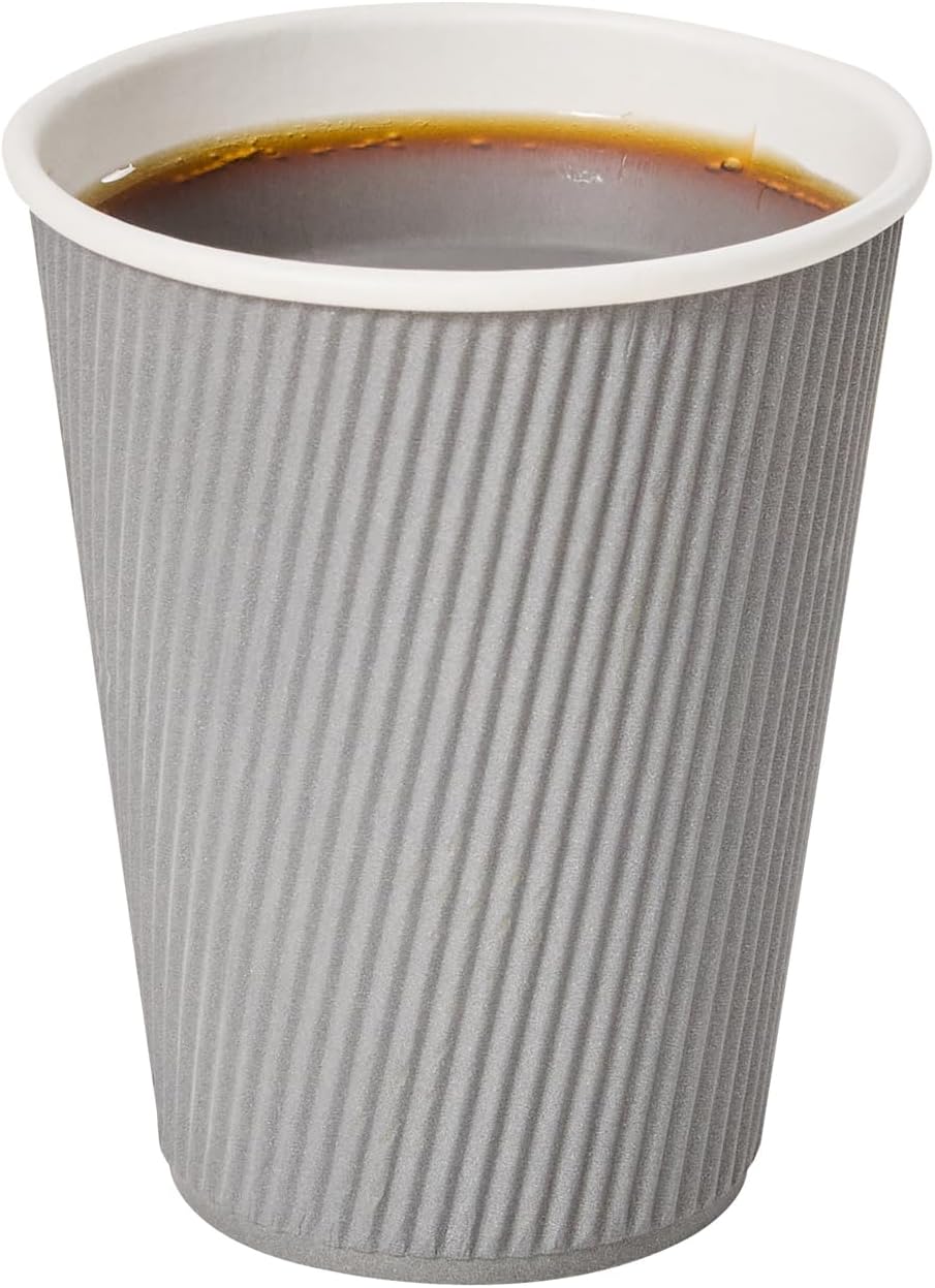 Restaurantware Ripple Wall Coffee Cups 25 Count 12 Ounce Insulated Gray Paper Cups, Rolled Rim Spill-Resistant Disposable Paper Non-Slip for Coffee, Beverages