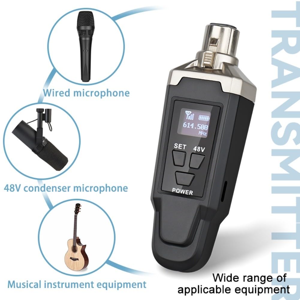 UHF Sistema Microfoni Wireless con Trasmettitore XLR Plug-On, Alimentazione 48V, Ricarica Tipo-C, Bassa Latenza per Microfoni Dinamici e a Condensatore, Nero