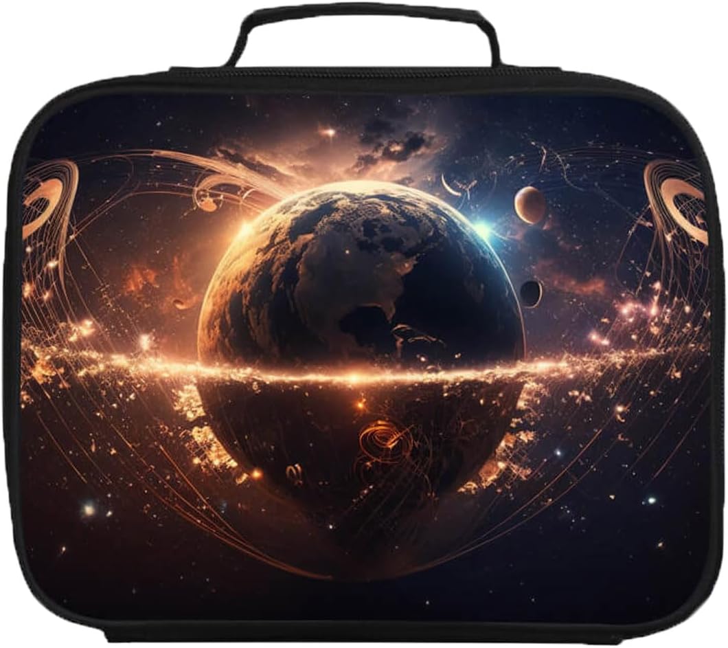Lonchera infantil para niños y niñas, bolsas de almuerzo con espacio, planetas y temática de galaxia para escuela primaria, capas aisladas, doble