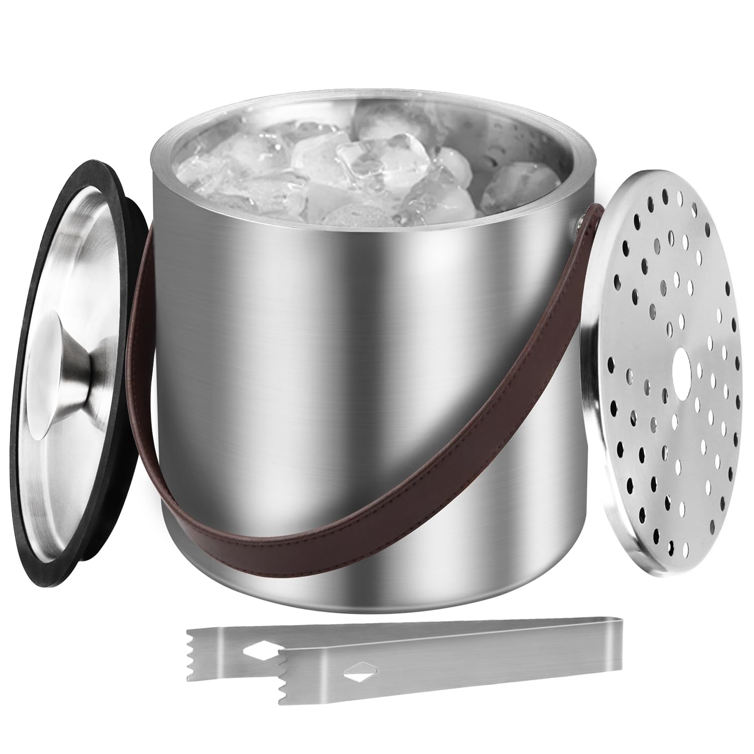 Photo 1 of Double-Wall Insulated Ice Bucket with Lid, Ice Tong, Strainer & Leather Handle Keep Ice Frozen Longer Large Wine Ice Buckets for Parties,Cocktail Bar, Chilling Beer Champagne, Dark Brown Handle 3L 3L-Dark Brown Handle