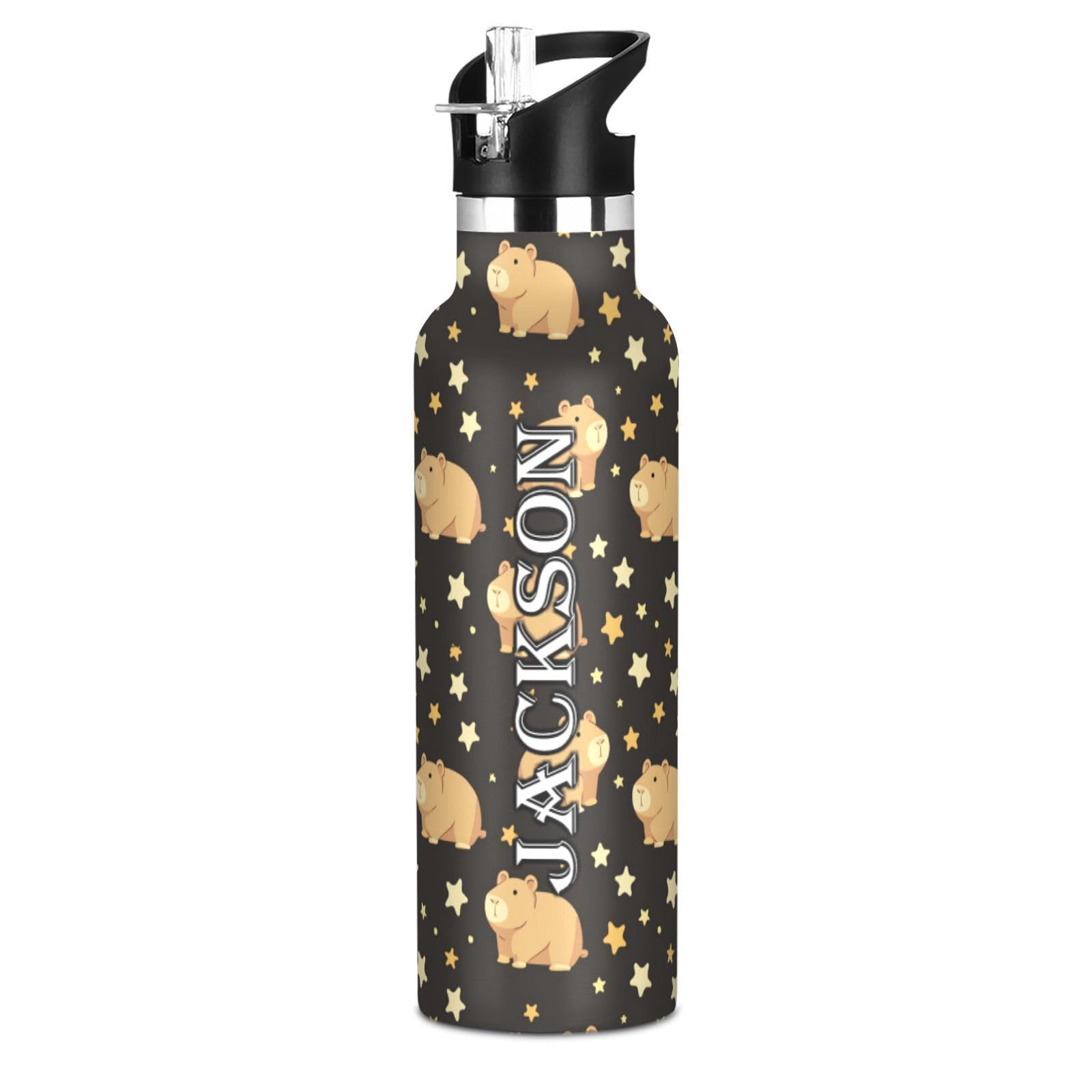 Custom Water Bottles for Kids with Straw Lid, Cartoon Capybara Stars Black Personalized 20 Oz Stainless Steel Water Bottles for Boys Girls Customized