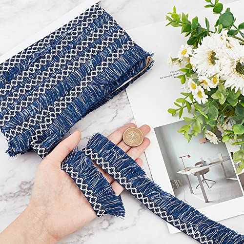 GORGECRAFT 10M x 3.5cm Wide Tassel Fringe Trim White Navy Blue Rhombus Pattern Fabric Lace Trimming Tassel Thread Edge Ribbon for DIY Sewing Crafts Home Drapery Curtain Pillow Table Clothes Decor - Image 3