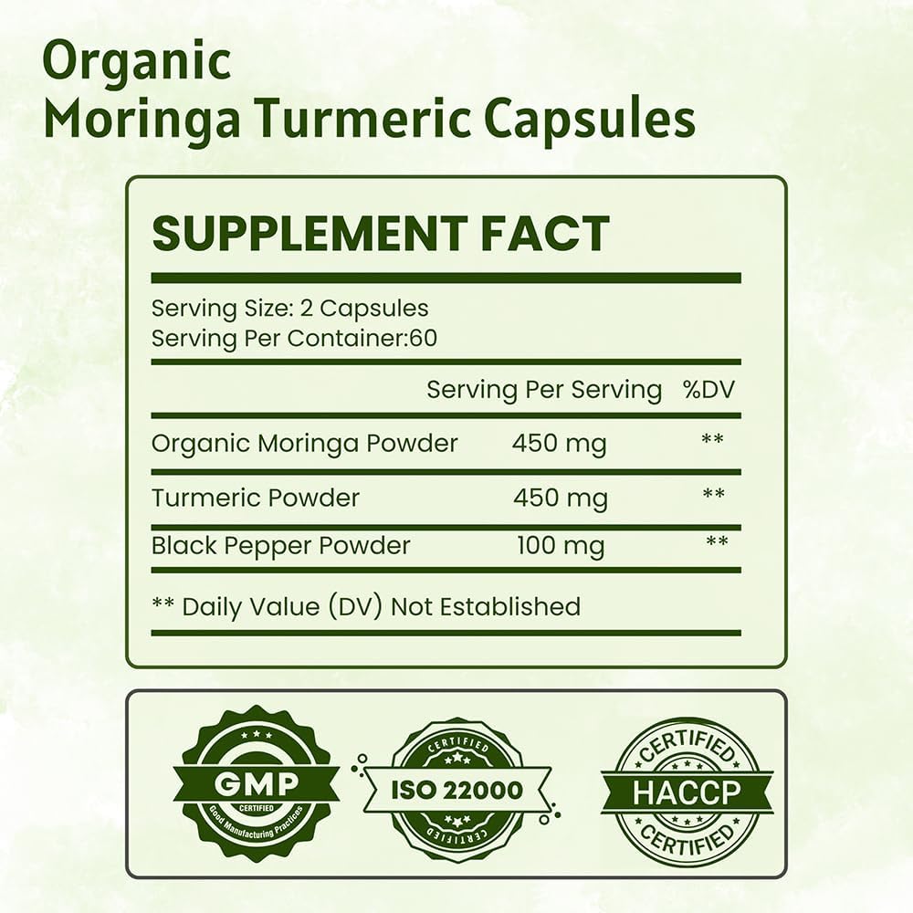 Organic Moringa Oleifera Powder & Turmeric Root Powder with Blackpepper 120 Capsules | Made with Organic Moringa, Turmeric and Black Pepper | Vegan, Gluten-Free and Non-GMO. - Image 2