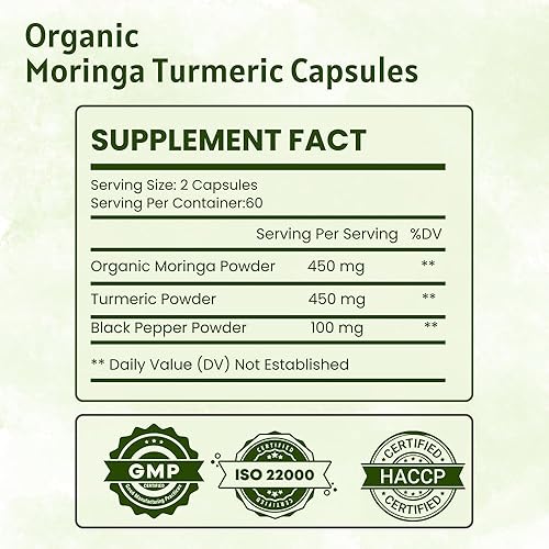 Miniatura 2 de Polvo orgánico de moringa oleifera y raíz de cúrcuma en polvo con pimienta negra, 120 cápsulas | Fabricado con moringa orgánica, cúrcuma y pimienta